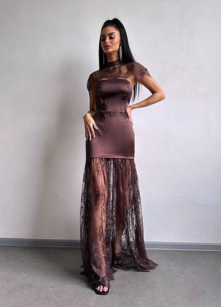 Сукня жіноча максі з мереживом атласна плаття довге s m l