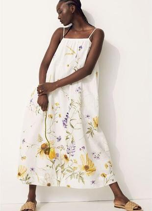 Сарафан білий льон лляний квіти принт h&m