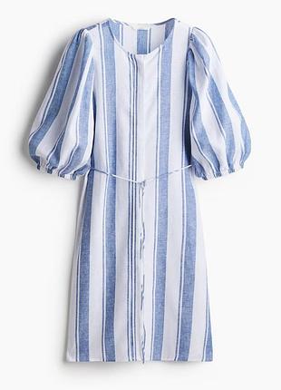 Платье с льном h&amp;m белое в вертикалтную полоску