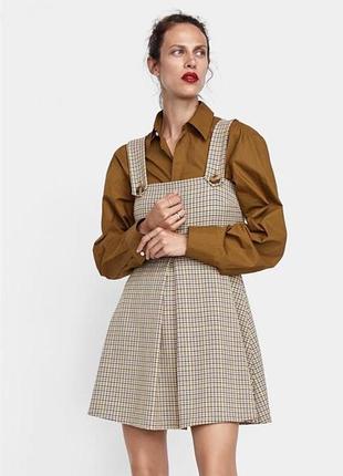 Сарафан zara у коричневу клітинку "гусяча лапка" з декоративними ґудзиками