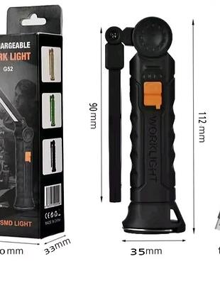 Аккумуляторный светодиодный фонарь ручной с магнитом и крючком j51 small (g51) usb type-c, поворотный на 360°