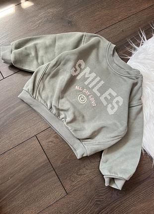 Хакі оливкова кофта світшот для хлопчика 9-12 міс 80 см на осінь зиму весну оверсайз з написом спущені плечі