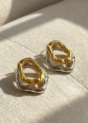Серьги асимметричные, серьги гвоздики, серьги двухцветные, серьги плавленная сталь, серьги круглые, серьги кольца, серьги круглые