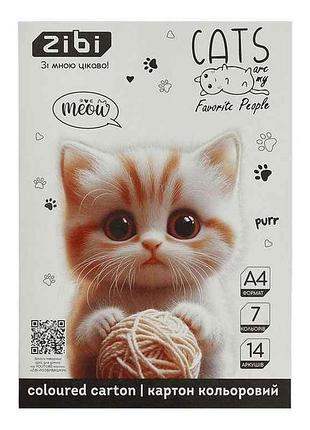 Картон цветной 14 листов catsdogs а4 7 кол., 230г/м2, kids line zb.1951-22 тм zibi