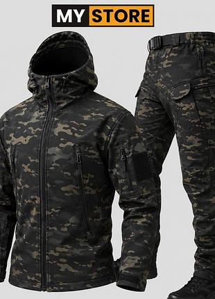 Чоловічий тактичний костюм softshell чорний мультикам камуфляжний на флісовій підкладці