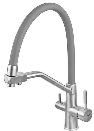 Смеситель для кухни с силиконовым изливом zerix ful-021 refl.gray с нерж. стали sus304 с выходом для пит.воды (zx5998)