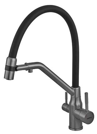 Смеситель для кухни с силиконовым изливом zerix mag-021 graphite refl.black с нерж. стали sus304 с выходом для пит.воды (zx6005)