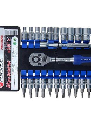 Набір головок і біт з тріскачкою 28пр. 1/4'' (4-14мм; torx:t10-t30; hex:3-6мм; slotted:sl4.5-sl7; philips: ph1-ph2) forsage