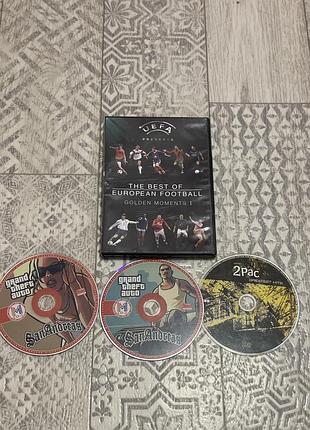 Набір cd-дисків: gta san andreas (2 диски), музичний альбом 2pac greatest hits та dvd the best of european football.