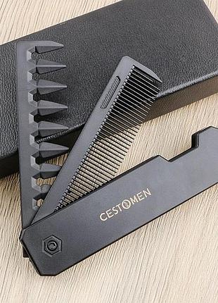 Edc расческа мультитул cestomen 3 в 1 карманный сложный для волос головы и бороды (черный)