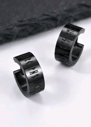 Серьги черные кольца конго с рунами, руны, викинги, медсталь