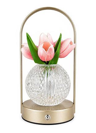 Настільна лампа led світильник нічник lesko tulips crystal zbtsyjx0417 pink у формі букета тюльпанів у колбі