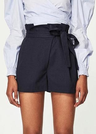 Шорты женские zara s темно-синие высокие paperbag с поясом хлопок с завязкой