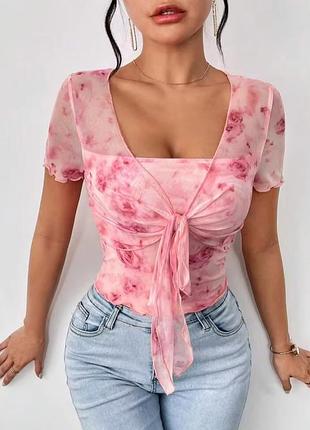 Трендовый топ с завязками в принт от shein