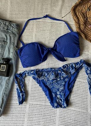 Роздільний синій купальник на завʼязках верх бандо calzedonia