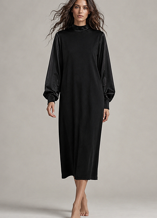 Платье черное zara с красивым атласным рукавом