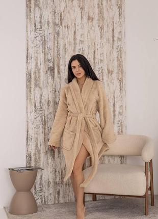 Жіночий халат теді з махри велсофт бежевий, l/xl