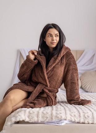 Жіночий халат теді з махри велсофт шоколадний, l/xl