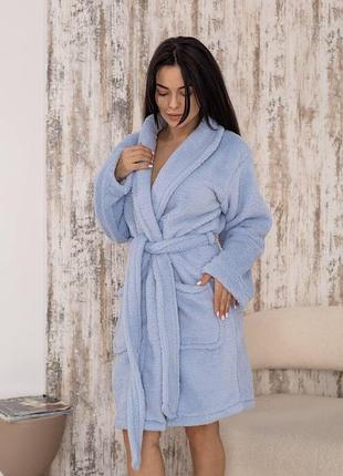 Жіночий халат теді з махри велсофт блакитний, l/xl
