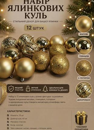 Сток. набір новорічних ялинкових куль 12 шт, золотий, діаметр 25см