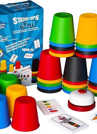 Настільна гра stacking cups game – гра зі стаканчиками на швидкість і уважність, 30 стаканчиків, дзвіночок, 2–6 гравців