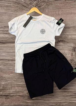 Костюм шорти та футболка stone island чоловічий літній комплект стон айленд чорно білий спортивний s m l xl xxl