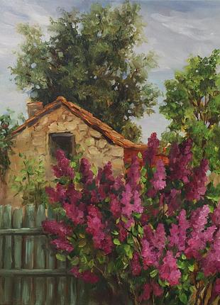 Картина олією "коли цвіте бузок", 40×35 см, полотно на підрамнику, олія. волошки алла