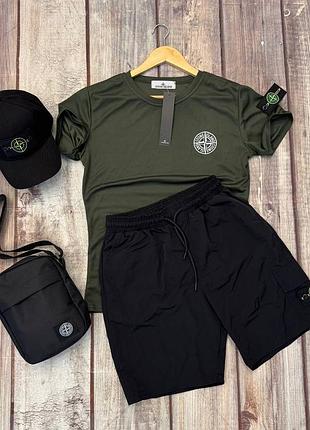 Костюм летний мужской stone island хаки | набор шорты футболка кепка сумка стон айленд s - xxl