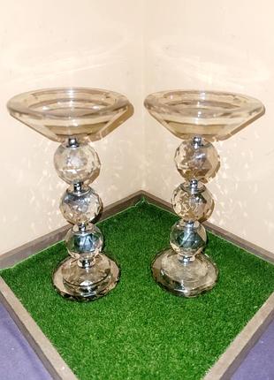 Хрустальные свечи / подсвечники на ножке из шаров (пара), 20 см