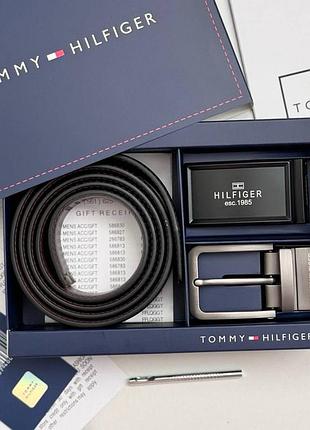 Чоловічий ремінь з двома пряжками tommy hilfiger чорний / коричневий на подарунок