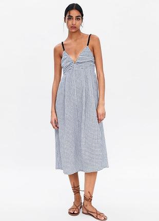Стильное платье миди zara р. s / m платье сарафан принт в клетку, на бретельках