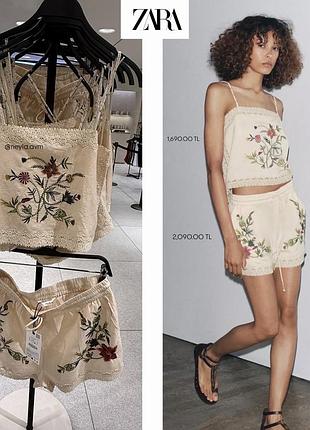 Неймовірний лляний костюм топ і шорти zara  з вишивкою