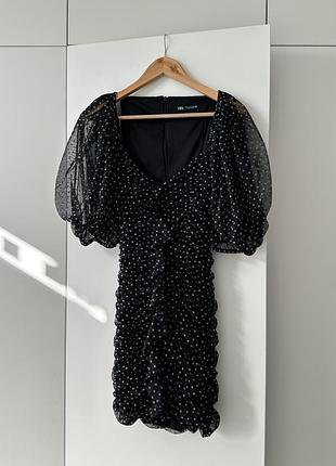 Міні сукня zara розмір m - s сітка у горошок з рукавами плаття