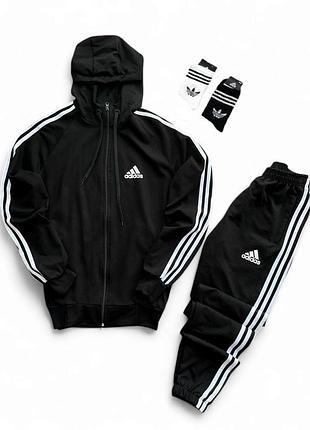 Мужской спортивный костюм adidas черный с капюшоном (+ подарок носка)