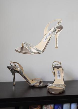 Туфлі босоніжки jimmy choo оригінал на шпильці каблуку срібні блискучі шкіряні з блискітками вечірні вінтажні трендові відкриті