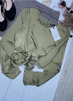 Нова літня блуза zara l коротка блуза сатинова оливкова блуза зара