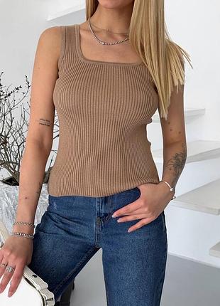 Бавовняна бежева майка вʼязана в рубчик універсальний розмір miss-molis
