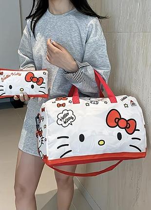 Дорожная сумка складная hello kitty спортивная в дорогу на чемодан шоппер трансформер легкая с кошельком длинный ремень детская для девочек подростков