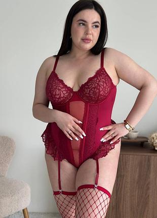 Do4077 бордове боді з панчохами plus size вишневий колір