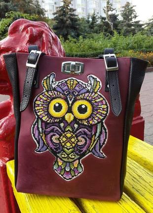 Сумка-шоппер з ручною вишивкою, шкіряна сумка
