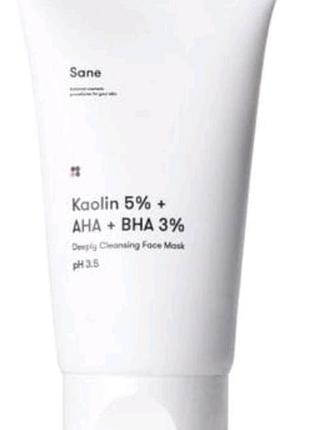 Маска для обличчя із саліциловою кислотою sane kaolin 5% + aha + bha 3% deeply cleansing face mask для проблемної шкіри, 40 мл