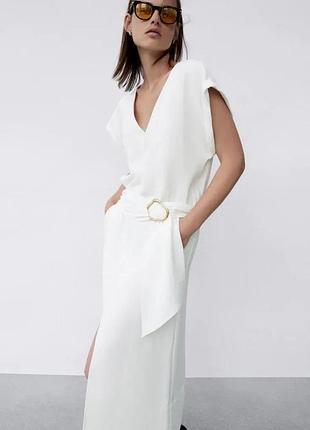 Платье миди с разрезом zara свободное платье миди с широкими рукавами біла сукня міді zara з поясом