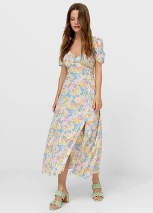 Сукня квітковий принт stradivarius міді декольте рукава ліхтарики zara h&m