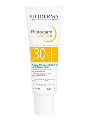 Солнцезащитная эмульсия для лица bioderma photoderm аkn mat spf 30 matifying sun fluid для жирной и проблемной кожи, 40 мл