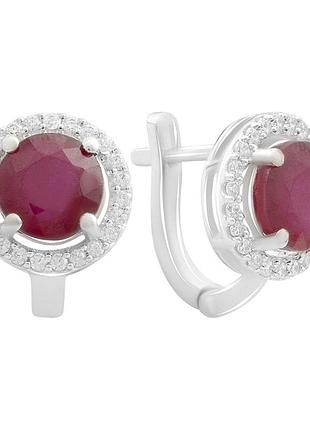 Серьги серебряные с натуральным рубином 6.574ct, родированные, проба 925, английский замок