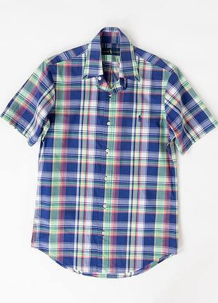 Чоловіча сорочка polo ralph lauren у синьо-зелену клітинку з короткими рукавами. класична модель із застібкою на ґудзики, відкладним коміром та вишити