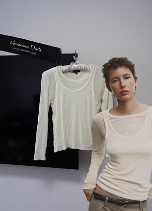 Лонгслів massimo dutti двошаровий з майкою в рубчик білий кремовий бежевий з імітацією майки