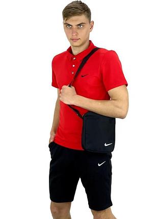 Комплект чоловічий nike: поло червоне + шорти чорні + барсетка чорна