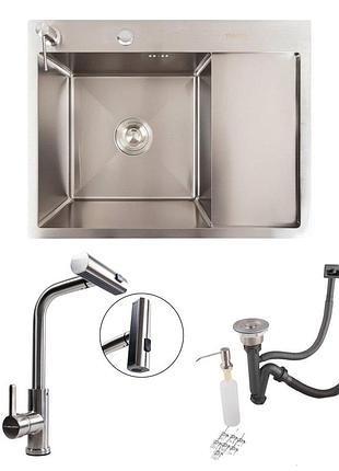 2in1 set kitchen sink handmade cm 65*50 l stainless steel + faucet xk08a valeso
