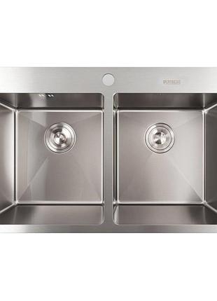 Кухонная мойка 78*48 нержавейка на две чаши platinum handmade (круглый сифон, 3.0/0.8)